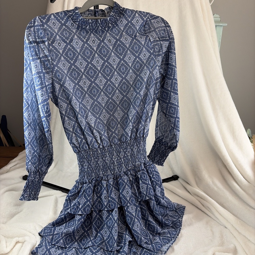 Pleat Halston Dress Blue Geometric Smocked Waist/Sleeves Ruffle Layered Size 12